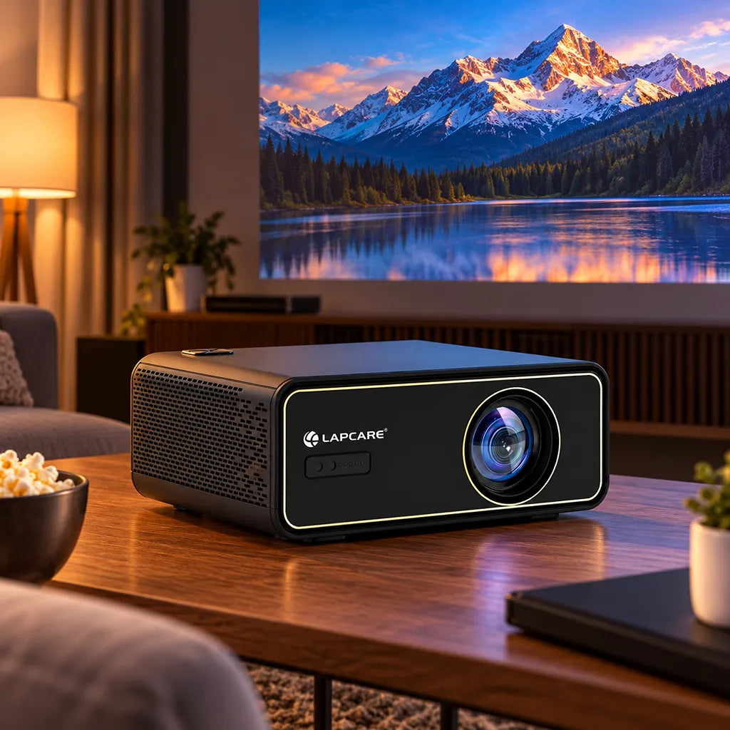 Lapcare Laplay LLP-033 Smart LED Projector Full HD 1080p displaying scenic mountain view during home cinema setup -tpstech.in