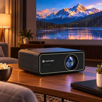 Lapcare Laplay LLP-033 Smart LED Projector Full HD 1080p displaying scenic mountain view during home cinema setup -tpstech.in