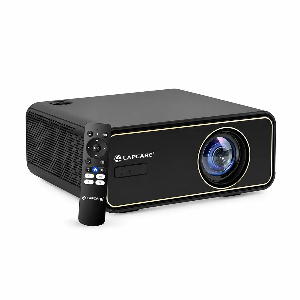 Lapcare Laplay LLP-033 Smart LED Projector angled view with included multifunction remote control isolated on white -tpstech.in