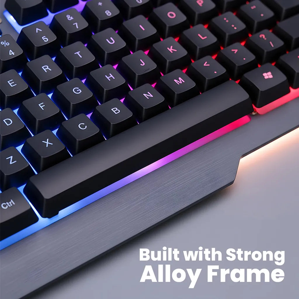 Close-up of Lapcare LGK-171 Blade II Champ Series Rainbow Backlit USB Wired Keyboard alloy frame and RGB illuminated keys -tpstech.in