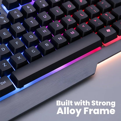 Close-up of Lapcare LGK-171 Blade II Champ Series Rainbow Backlit USB Wired Keyboard alloy frame and RGB illuminated keys -tpstech.in