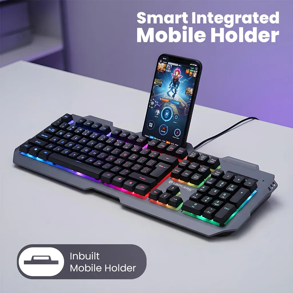 Lapcare LGK-171 Blade II Champ Series Rainbow Backlit USB Wired Keyboard with built-in mobile holder and RGB backlit 104-key design -tpstech.in
