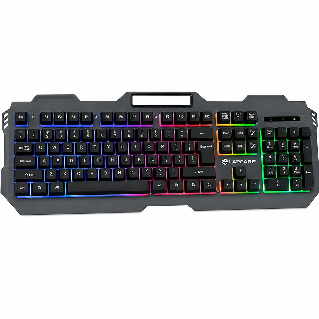 Lapcare LGK-171 Blade II Champ Series Rainbow Backlit USB Wired Keyboard with 104 Keys front view showing full key layout and RGB lighting -tpstech.in