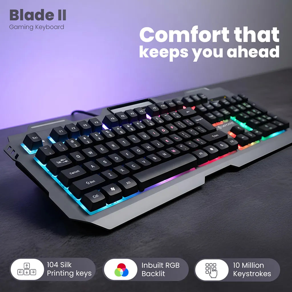 Lapcare LGK-171 Blade II Champ Series Rainbow Backlit USB Wired Keyboard side angle view with 104 keys and rainbow RGB backlight -tpstech.in
