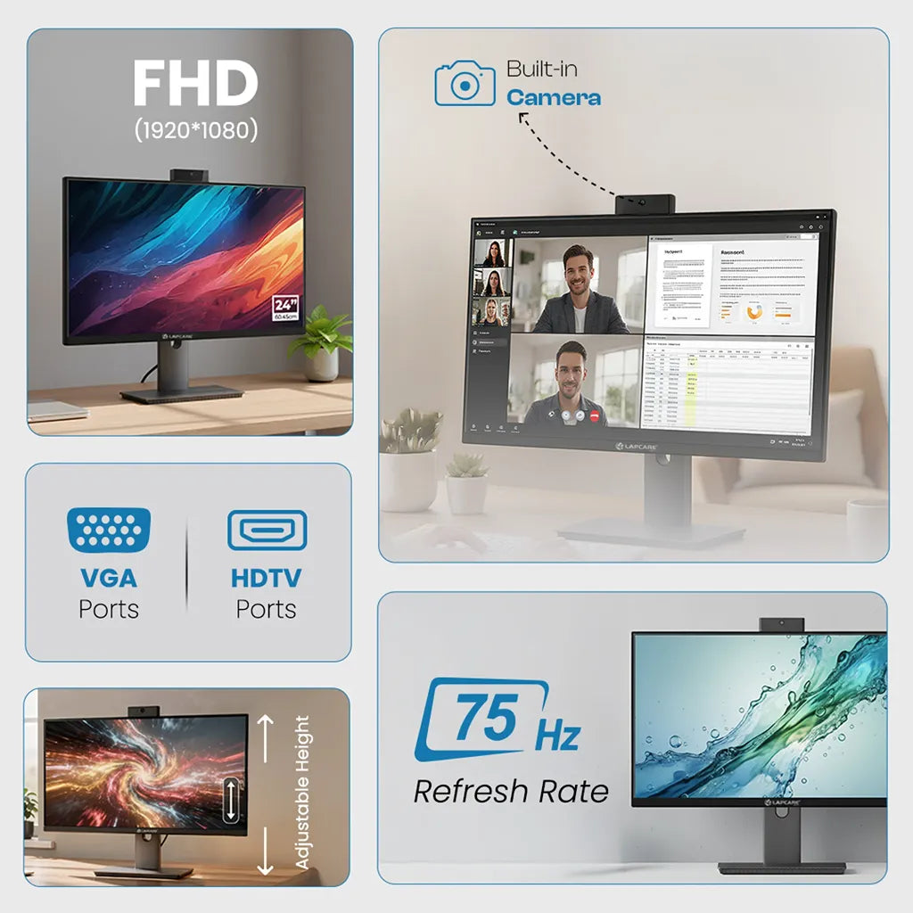Lapcare LM24GMW 24-inch Full HD LED Monitor with Inbuilt 2MP Webcam, VGA and HDMI connectivity, adjustable stand and 75Hz refresh rate -tpstech.in