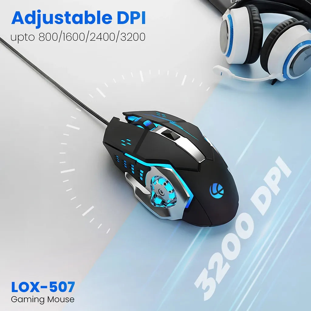 Lapcare LOX-507 Champ USB Wired Gaming Mouse 3200 DPI with adjustable 800, 1600, 2400 and 3200 DPI settings and RGB LED lighting -tpstech.in