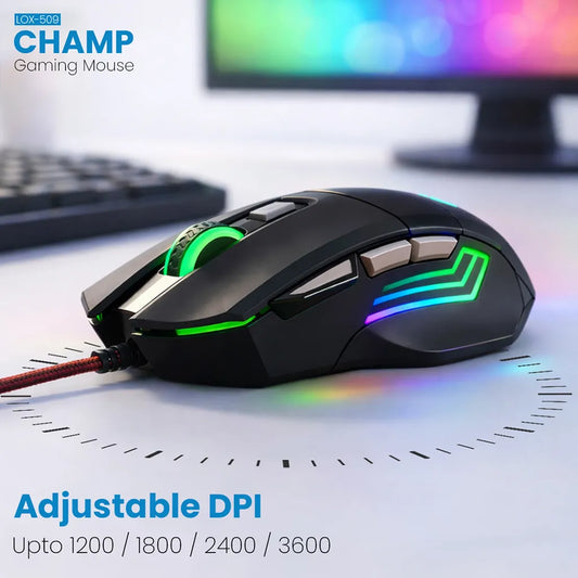 Lapcare LOX-509 Champ Wired RGB Gaming Mouse 3600 DPI with adjustable 1200, 1800, 2400 and 3600 DPI settings and RGB lighting -tpstech.in