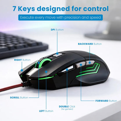 Lapcare LOX-509 Champ Wired RGB Gaming Mouse 3600 DPI showing 7-button layout including DPI, forward, backward, scroll and double-click controls -tpstech.in