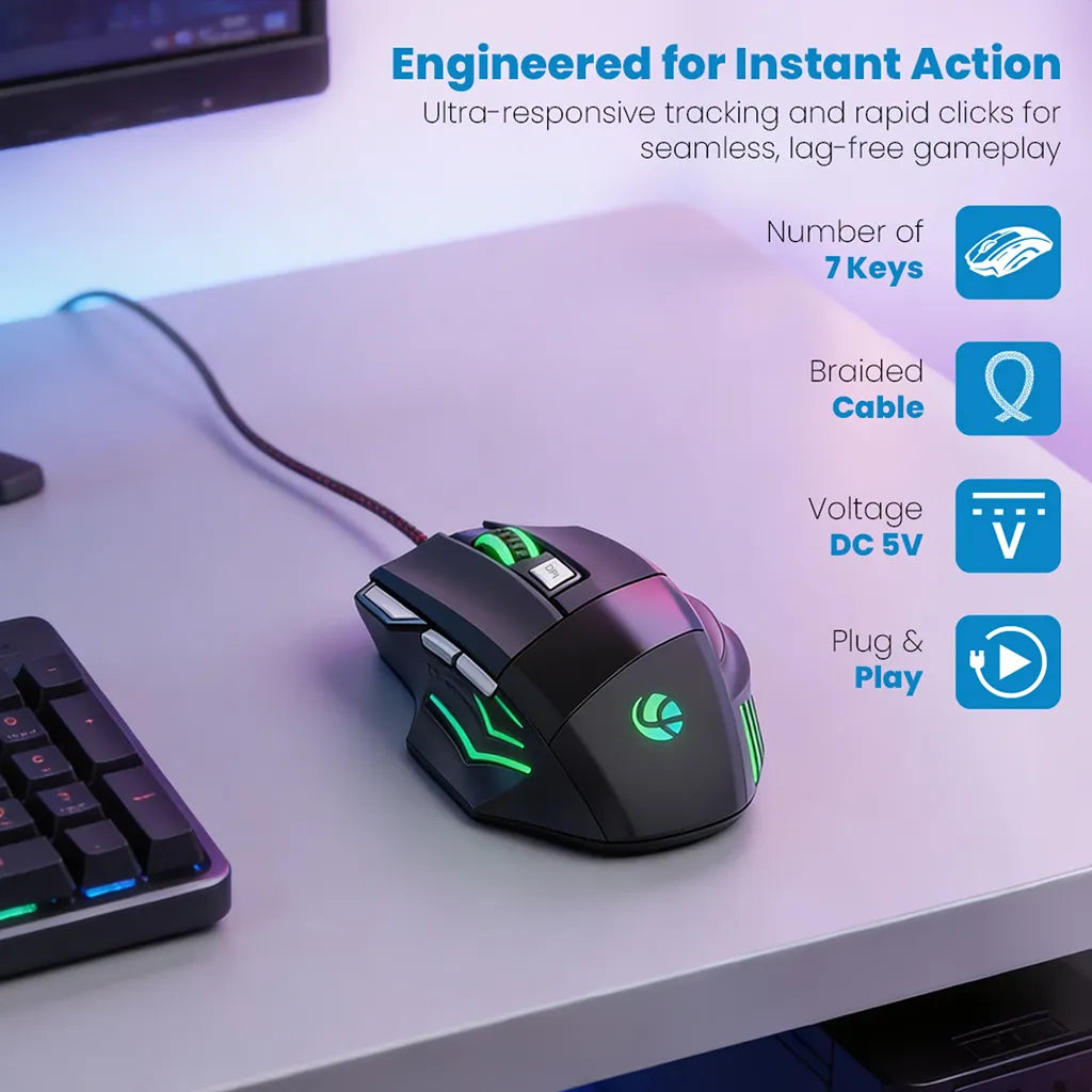 Lapcare LOX-509 Champ Wired RGB Gaming Mouse 3600 DPI with 7 programmable buttons, braided cable and plug-and-play USB connectivity -tpstech.in