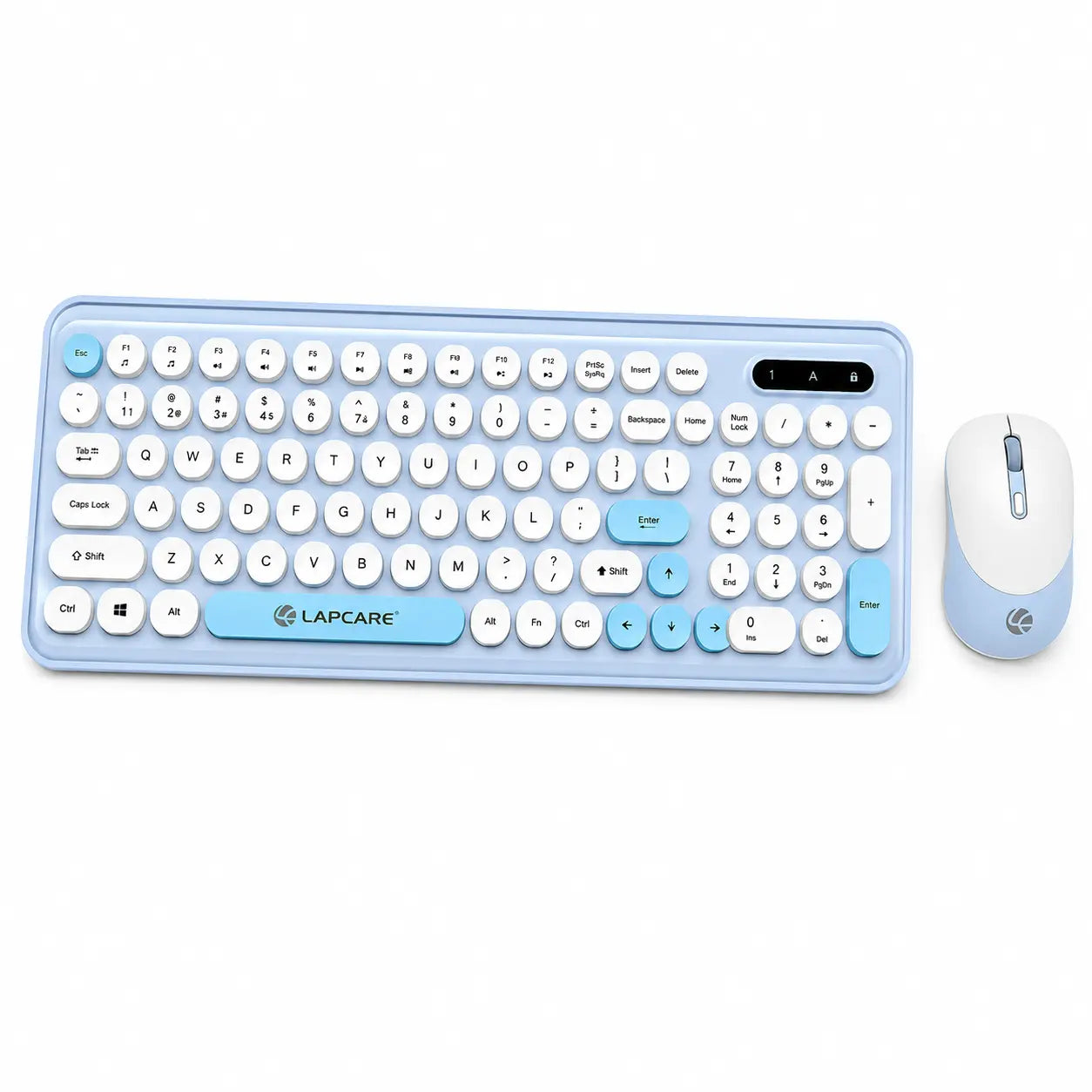 Lapcare Ramon 1 WL-105 wireless keyboard and mouse combo angled view showing round keycaps and numeric keypad
