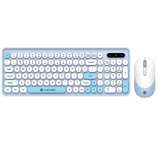 Lapcare Ramon 1 WL-105 wireless keyboard and mouse combo front view with full-size keyboard and blue white wireless mouse