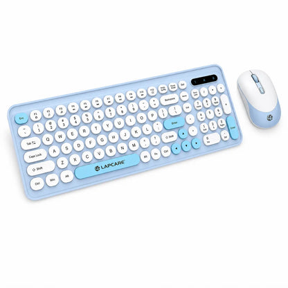 Perspective view of Lapcare Ramon 1 WL-105 wireless keyboard and mouse combo in blue and white color scheme