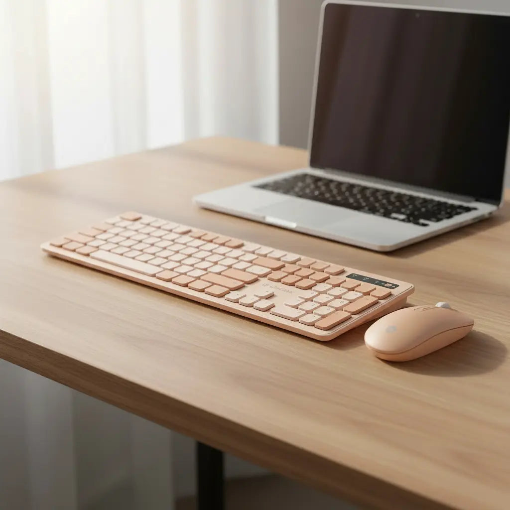 Lapcare Ramon 5 WL-108 wireless keyboard and mouse combo setup on a modern workstation desk beside a laptop.
