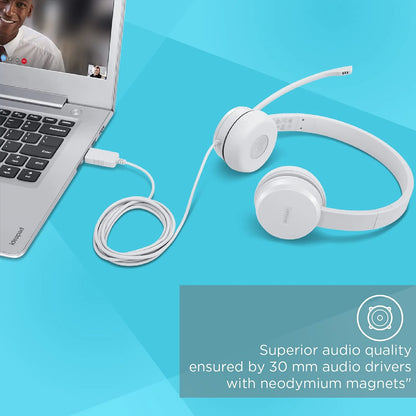 Lenovo 110 Stereo USB Headset with 30mm audio drivers connected to a laptop during a video meeting -tpstech.in