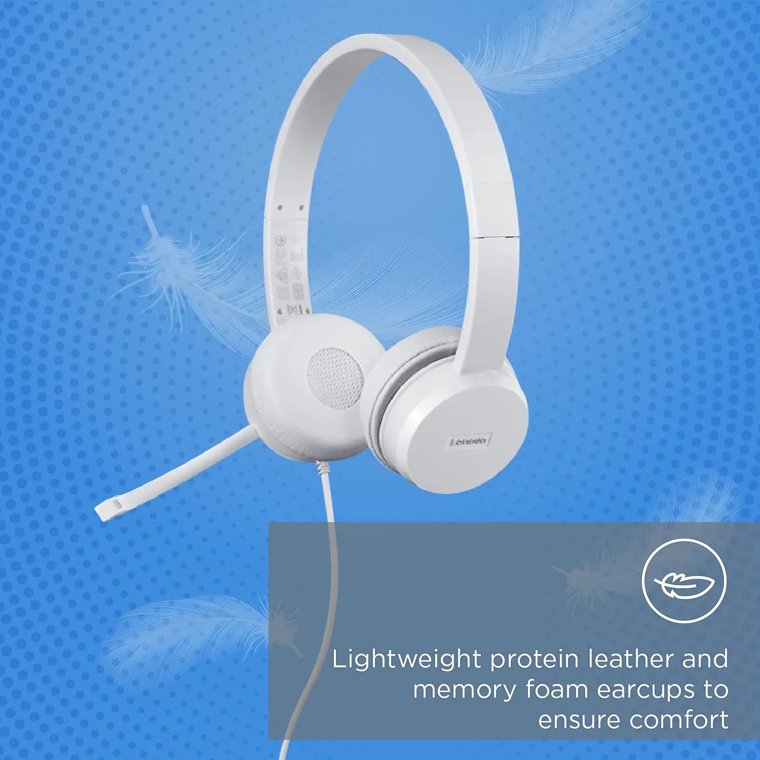 Lenovo 110 Stereo USB Headset highlighting lightweight protein leather and memory foam earcups for comfort -tpstech.in