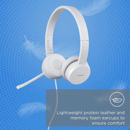 Lenovo 110 Stereo USB Headset highlighting lightweight protein leather and memory foam earcups for comfort -tpstech.in