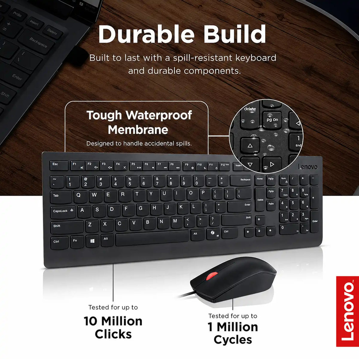 Lenovo Essential 4X30L79883 Wired Keyboard and Mouse Combo in Black featuring spill-resistant waterproof membrane and high durability -tpstech.in