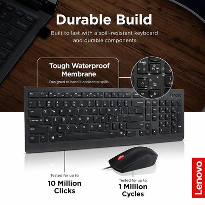 Lenovo Essential 4X30L79883 Wired Keyboard and Mouse Combo in Black featuring spill-resistant waterproof membrane and high durability -tpstech.in