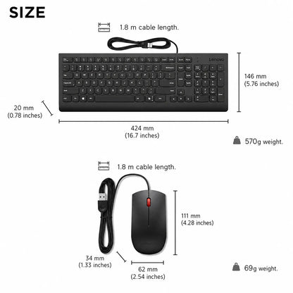 Lenovo Essential 4X30L79883 Wired Keyboard and Mouse Combo size chart detailing dimensions, weight, and 1.8m cable length -tpstech.in