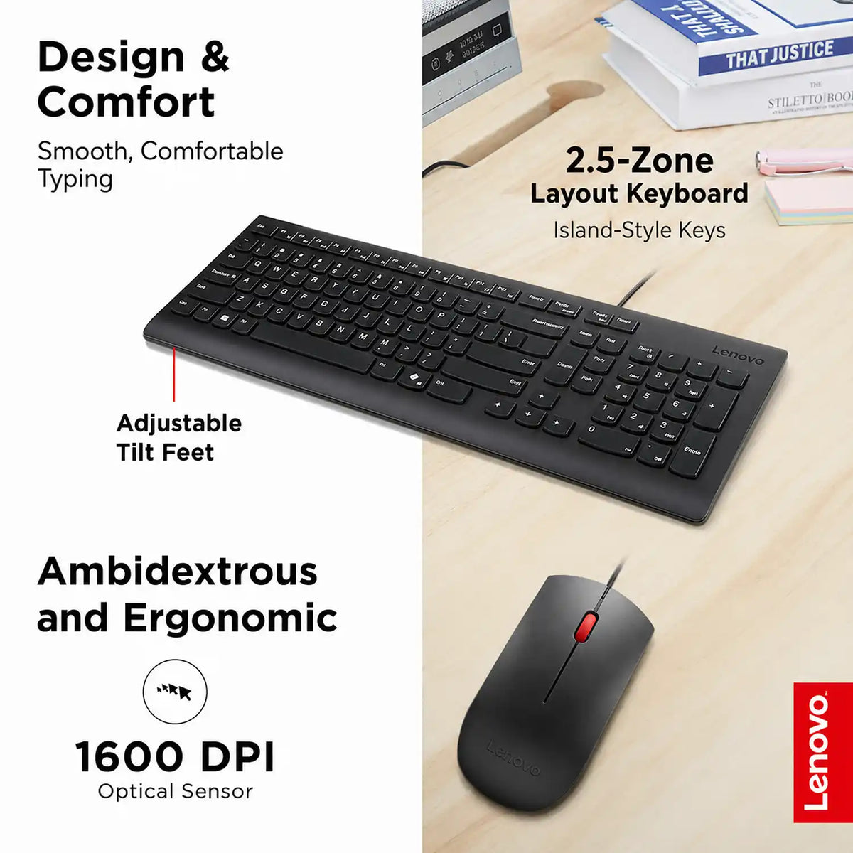 Lenovo Essential Wired Keyboard and Mouse Combo showing 2.5-zone layout keyboard with island-style keys and 1600 DPI optical mouse -tpstech.in