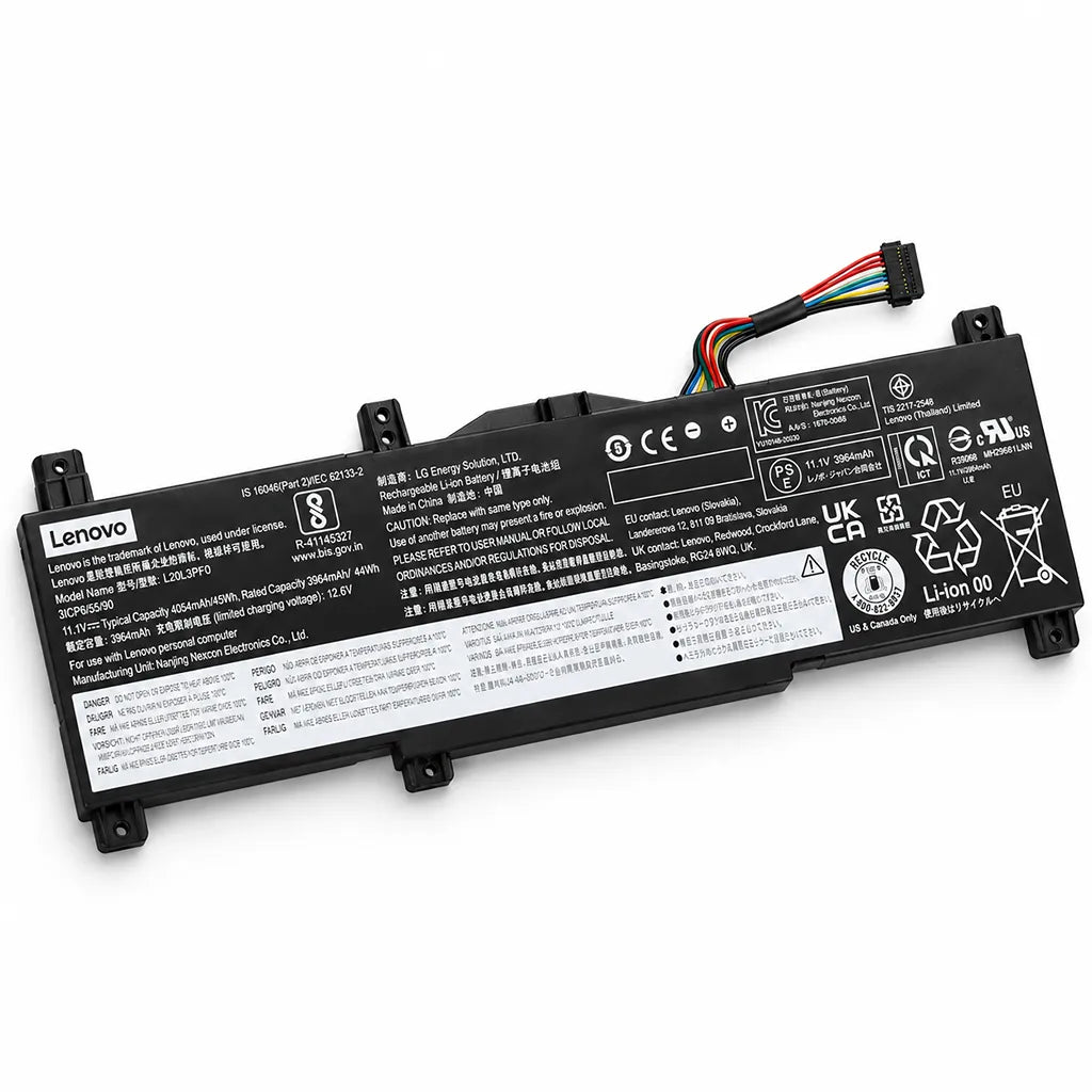 Lenovo L20M3PF0 OEM Laptop Battery 45Wh for IdeaPad 3 angled top perspective displaying screw mount brackets and connector cable -tpstech.in