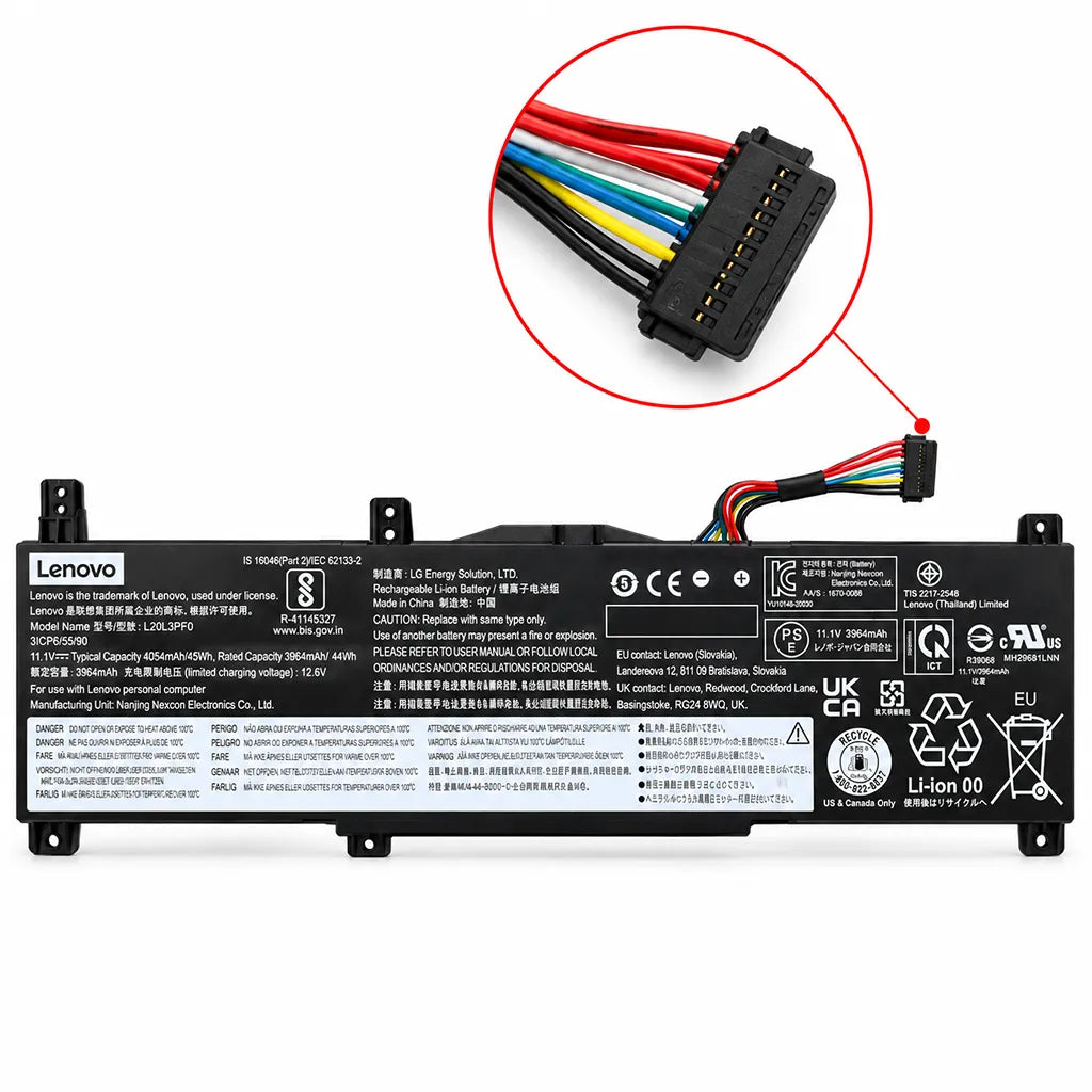Lenovo L20M3PF0 OEM Laptop Battery 45Wh for IdeaPad 3 with circular close-up of multi-wire power connector pin -tpstech.in