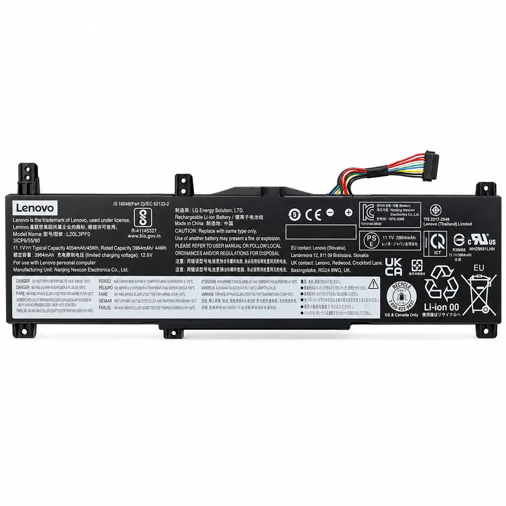 Lenovo L20M3PF0 OEM Laptop Battery 45Wh for IdeaPad 3 top-down view showing technical specifications and regulatory labels -tpstech.in