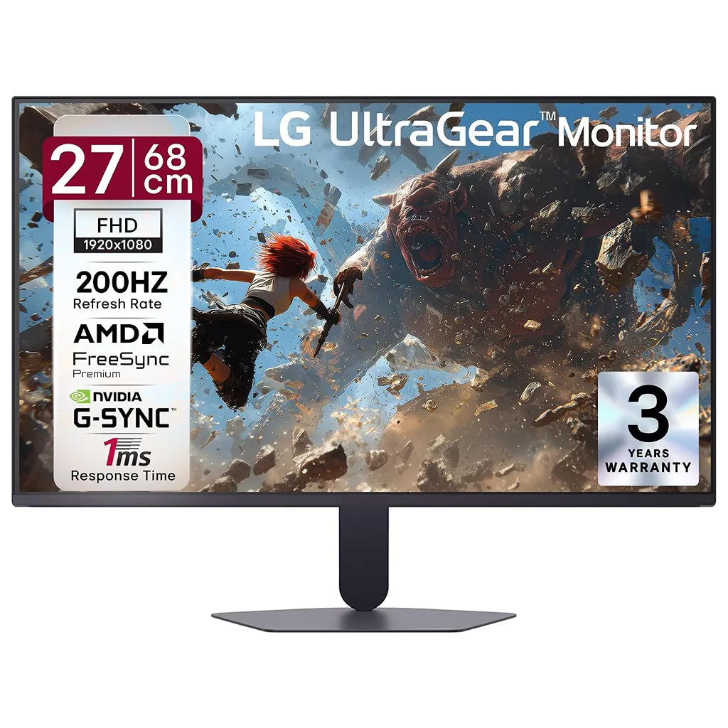 LG 27G523B UltraGear 27 Inch FHD IPS Gaming Monitor 200Hz Front View with Specifications Badge -tpstech.in