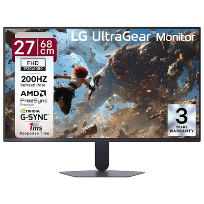 LG 27G523B UltraGear 27 Inch FHD IPS Gaming Monitor 200Hz Front View with Specifications Badge -tpstech.in