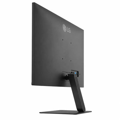 Angled rear view of LG 27U411A-B monitor showing slim design, stand and connectivity panel