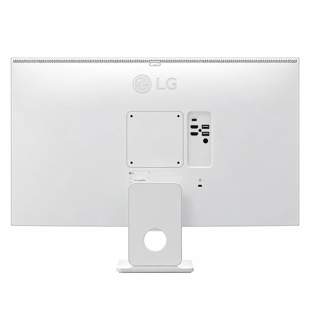 LG 27U731SB-W 4K UHD smart monitor rear view in white finish showing VESA mount holes ports and cable management stand -tpstech.in