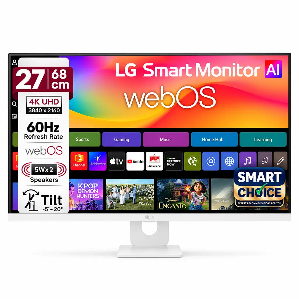 LG 27U731SB-W smart monitor overview showing AI Picture Pro HDR10 Pro DCI-P3 90 percent and AI Sound Pro features -tpstech.in