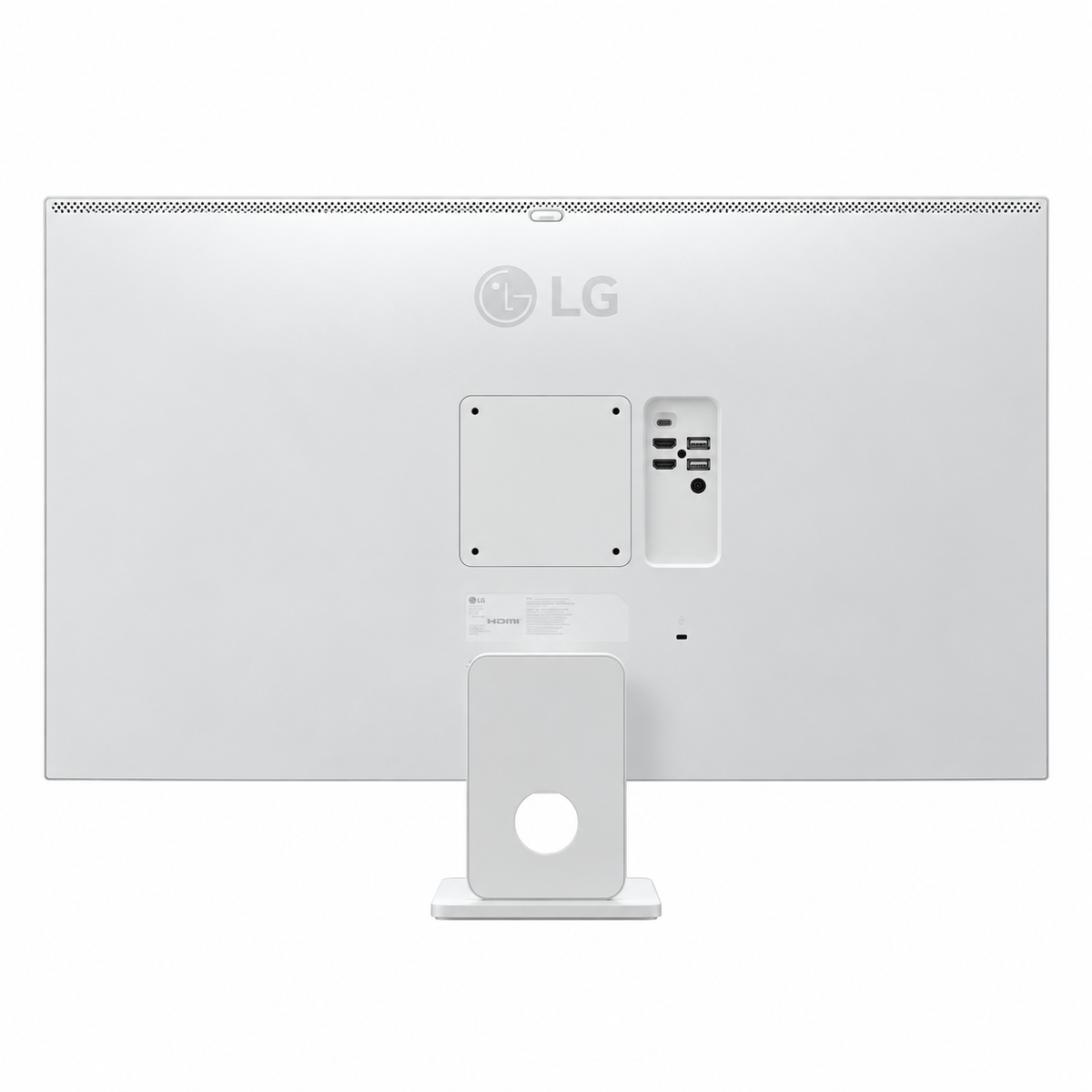 LG 32U721SB-W 31.5 Inch 4K UHD smart monitor rear view in white finish showing LG logo VESA mounting holes and ports -tpstech.in