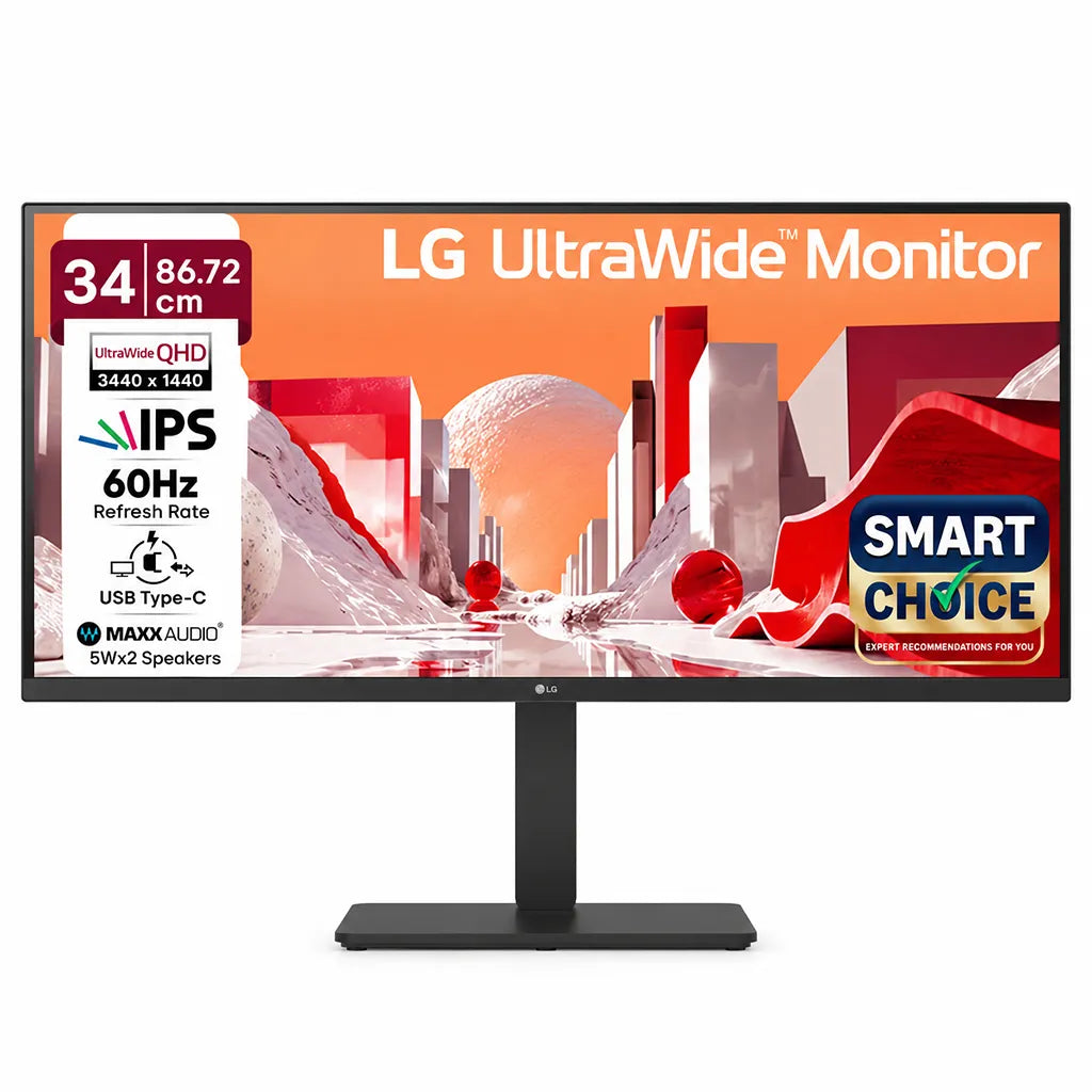 LG 34BA75QE 34-inch monitor rear panel close-up displaying HDMI DisplayPort USB Type-C LAN port and downstream USB hub -tpstech.in