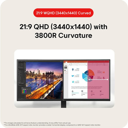 LG 34BA75QE UltraWide curved monitor top-down desk view highlighting clean cable management with built-in power supply module -tpstech.in