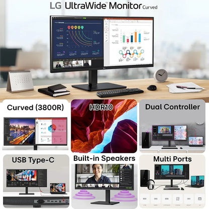 LG 34BA75QE UltraWide monitor workstation setup demonstrating rich interface connectivity with PC laptop headphones and LAN -tpstech.in