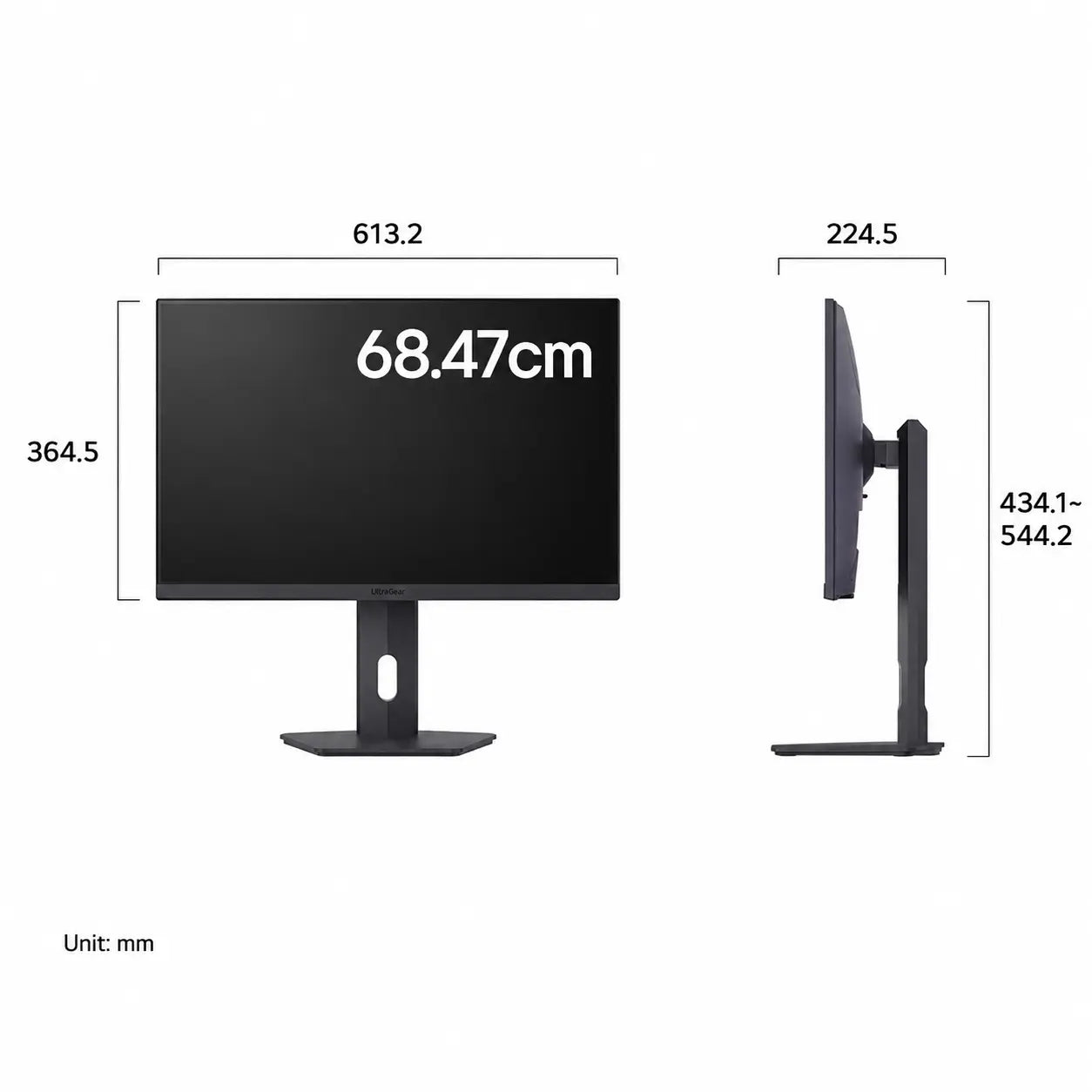 LG UltraGear 27G610A-B monitor dimensions and size guide showing width height and depth measurements