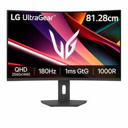 LG UltraGear 32G600A-B gaming monitor featuring QHD resolution, 180Hz refresh rate, 1ms GtG response time and 1000R curvature