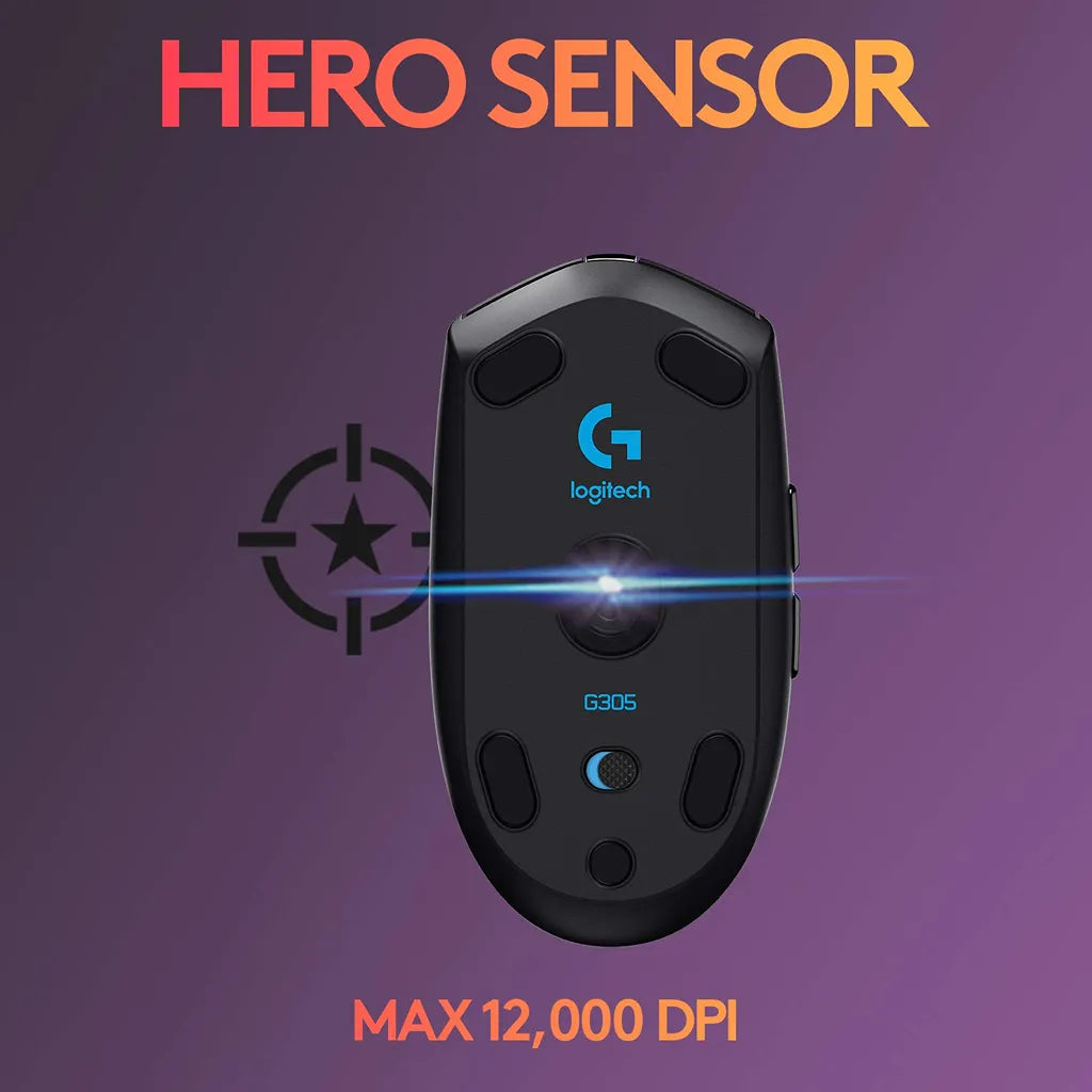 Logitech G305 LIGHTSPEED wireless gaming mouse bottom view with HERO sensor and 12000 DPI performance -tpstech.in
