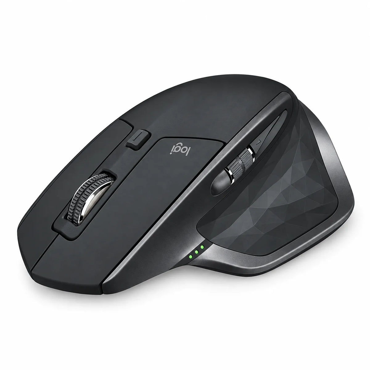 Logitech MX Master 2S Wireless Mouse elevated side profile view with battery indicator lights tpstech.in