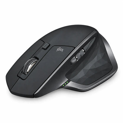 Logitech MX Master 2S Wireless Mouse elevated side profile view with battery indicator lights tpstech.in
