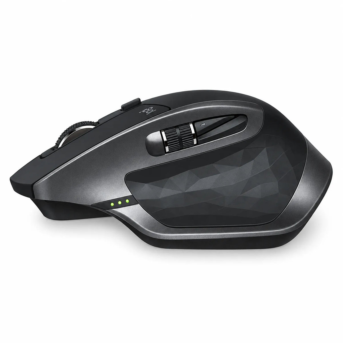 Logitech MX Master 2S Wireless Mouse side profile view highlighting thumb scroll wheel and back forward buttons tpstech.in