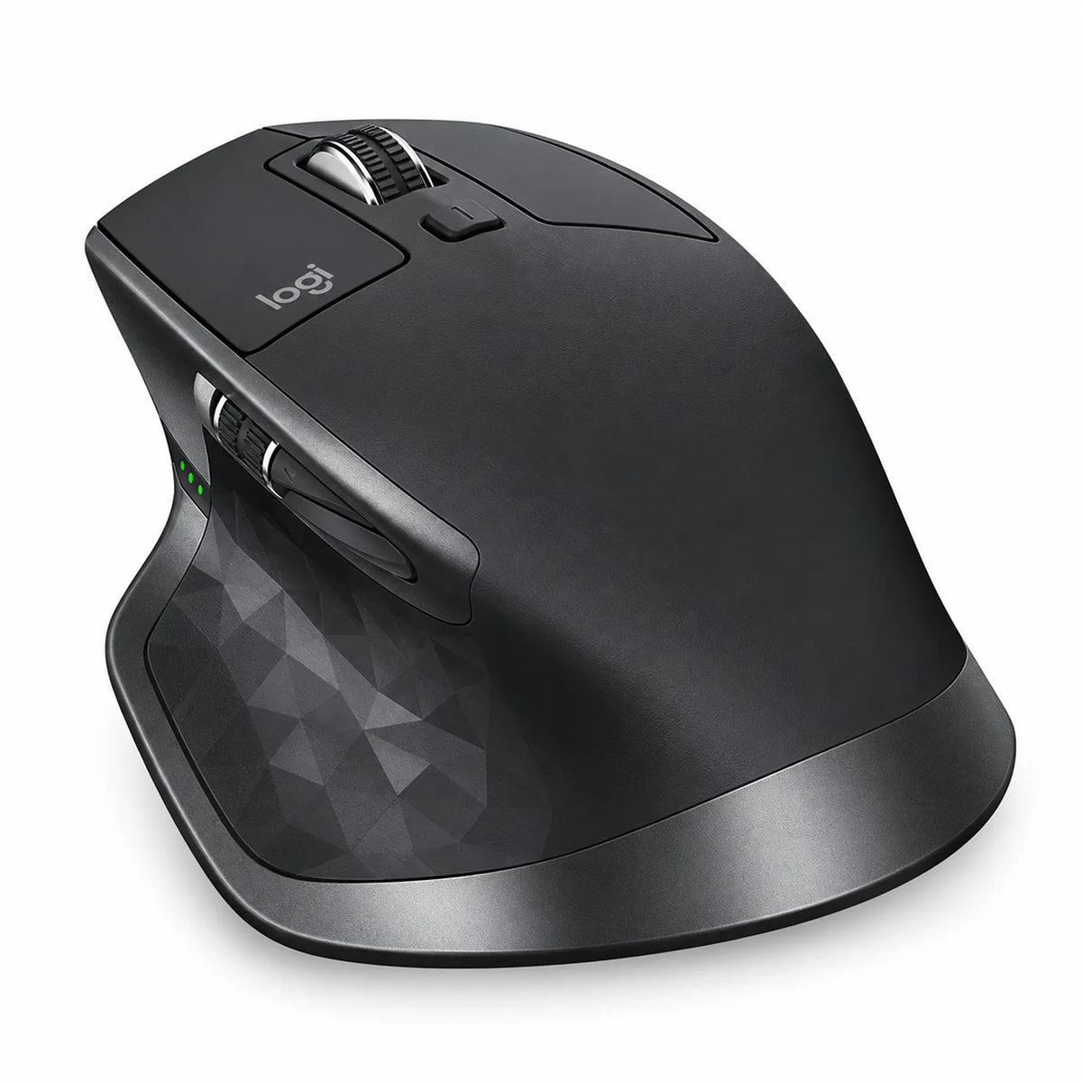 Logitech MX Master 2S Wireless Mouse rear perspective showing textured thumb grip and ergonomic design tpstech.in