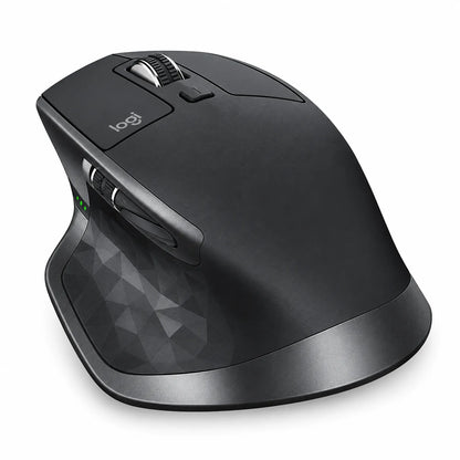 Logitech MX Master 2S Wireless Mouse rear perspective showing textured thumb grip and ergonomic design tpstech.in