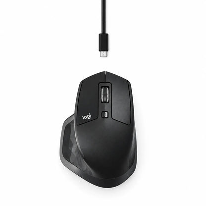 Logitech MX Master 2S Wireless Mouse top view with micro USB charging cable tpstech.in