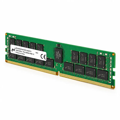 Micron 32GB DDR4-3200 ECC RDIMM Server Memory standing perspective angle view showing gold contact pins -tpstech.in