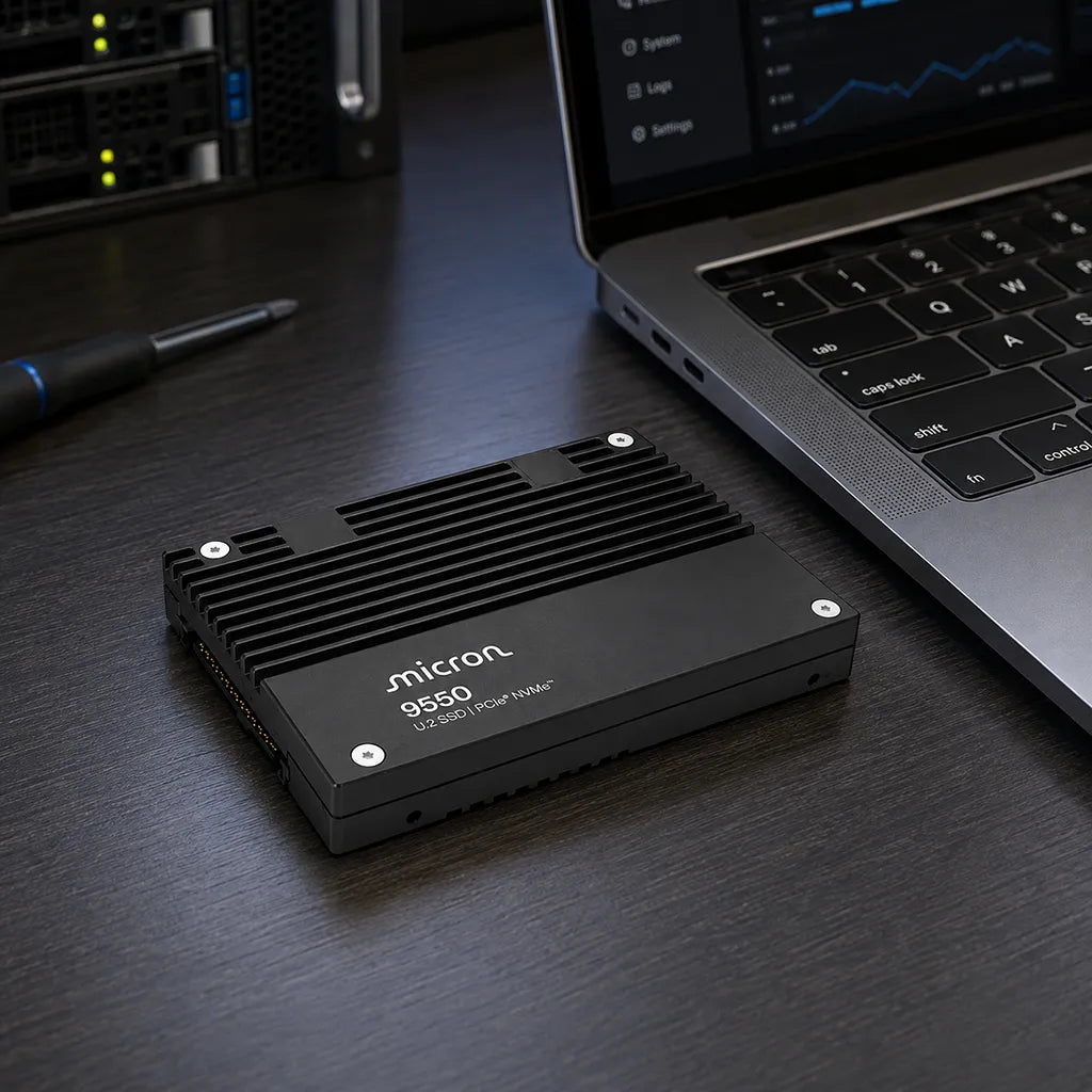 Micron 9550 PRO 15.36TB PCIe Gen5 U.2 enterprise SSD shown in a workstation setup -tpstech.in