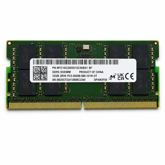 Micron MTC16C2085S1SC56BG1 32GB DDR5 5600MHz 2Rx8 PC5-5600B SODIMM laptop memory module front view.