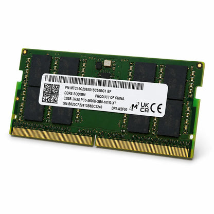 Left angle view of Micron 32GB DDR5 5600MHz PC5-5600B SODIMM laptop memory module with 2Rx8 configuration.