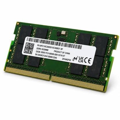 Perspective view of Micron 32GB DDR5 5600MHz PC5-5600B SODIMM laptop RAM module for compatible notebooks.